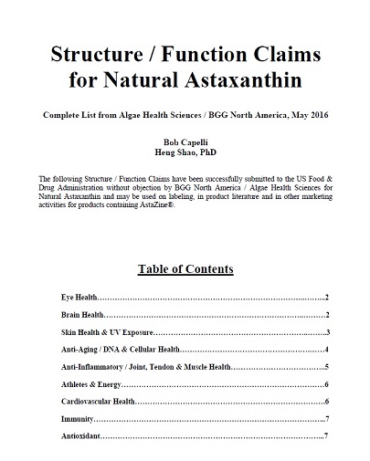 Structure / Function Claims for Natural Astaxanthin